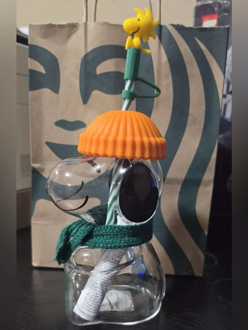 Starbucks Snoopy cup with Orange Hat and Green Scarf